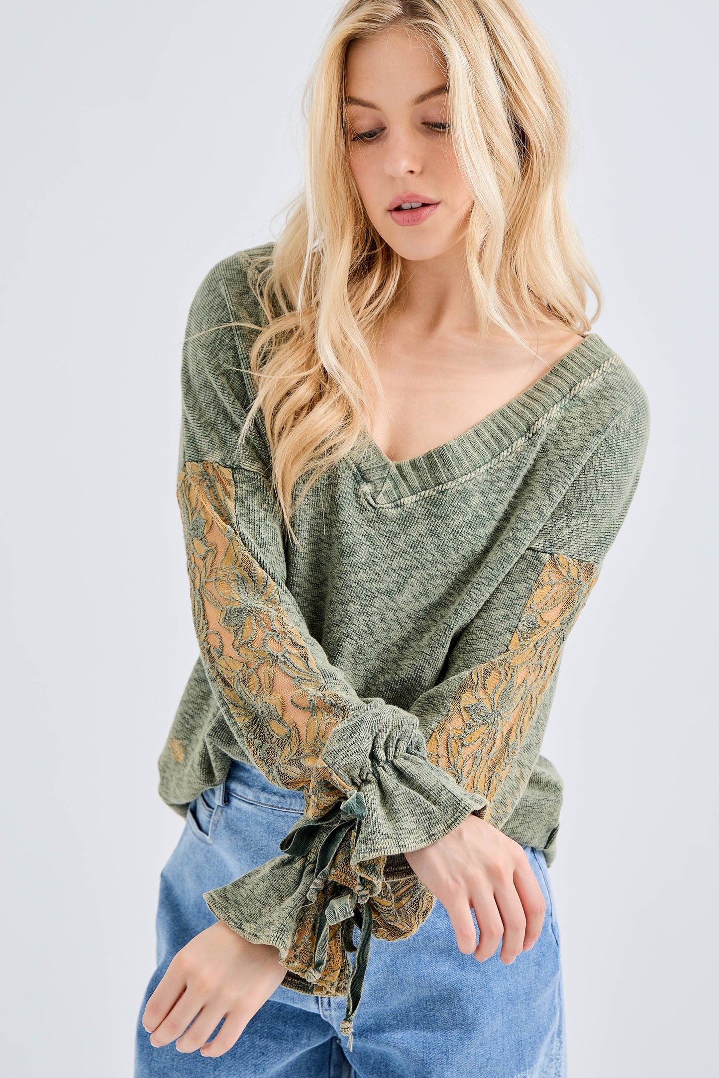 Mineral Wash lace bow tie sleeve Melangie blouse