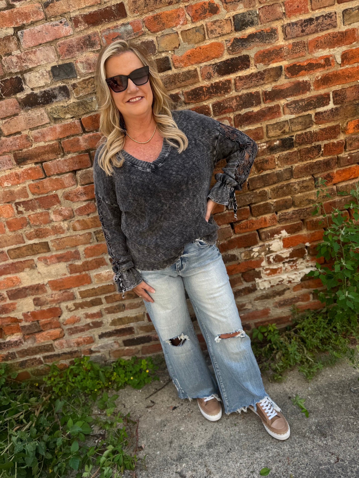 Mineral Wash lace bow tie sleeve Melangie blouse