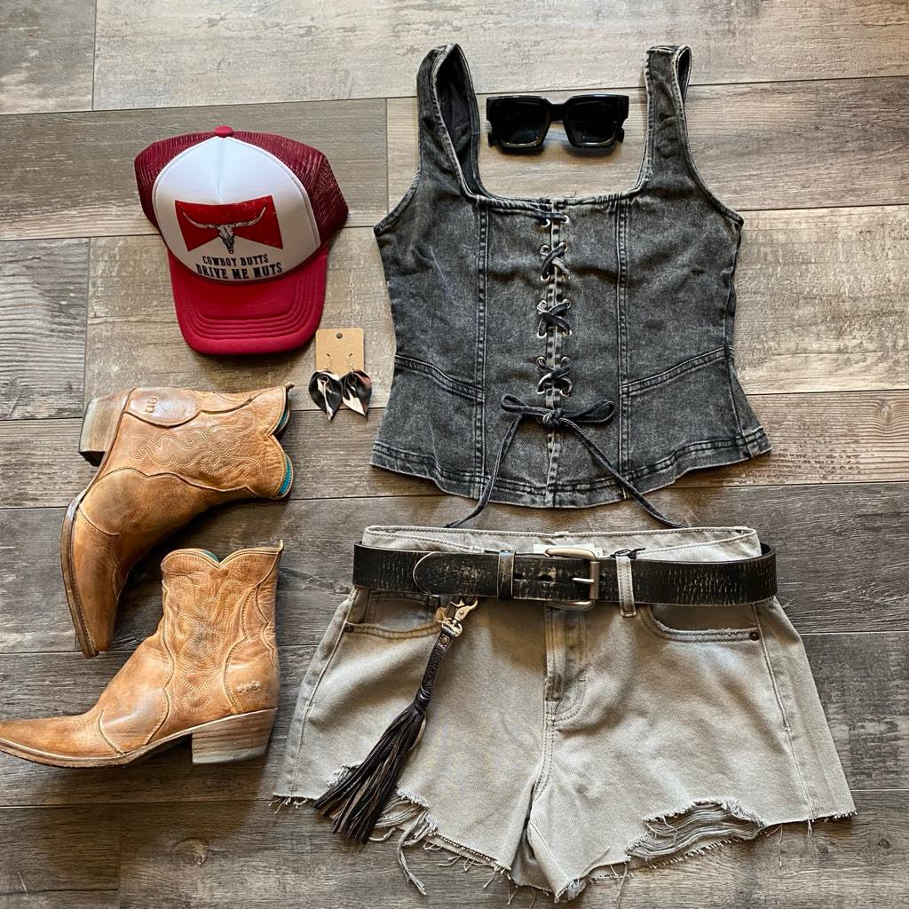 Black Washed Tie Up Vest