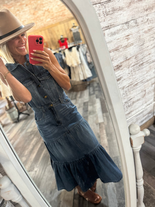Sleeveless Ruffle Denim Maxi