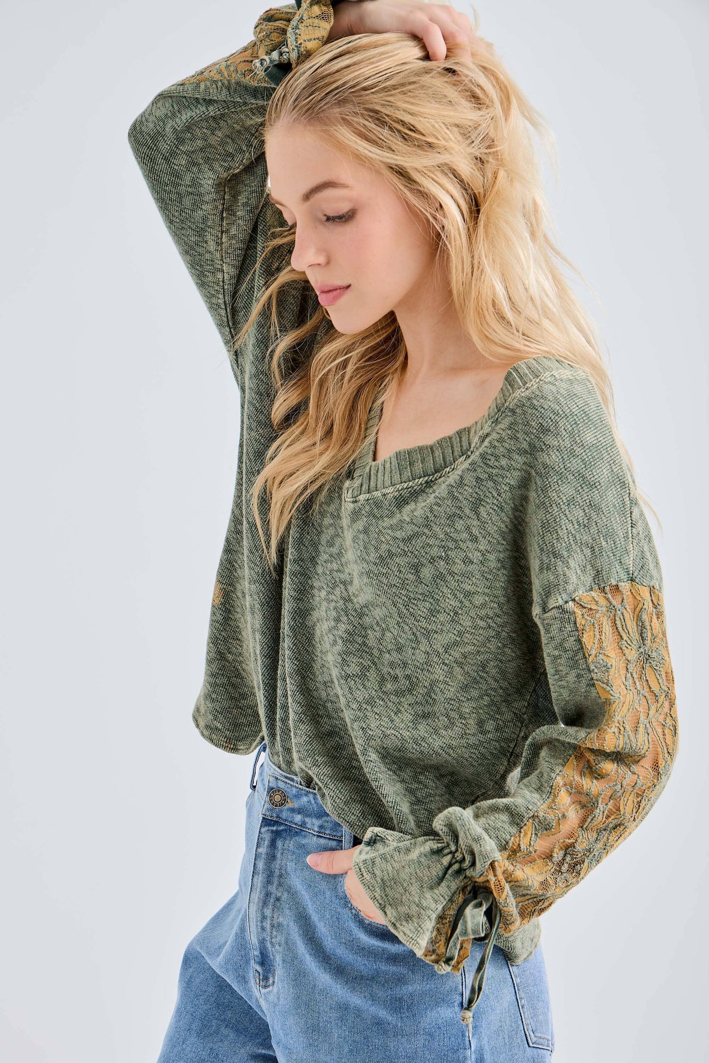 Mineral Wash lace bow tie sleeve Melangie blouse