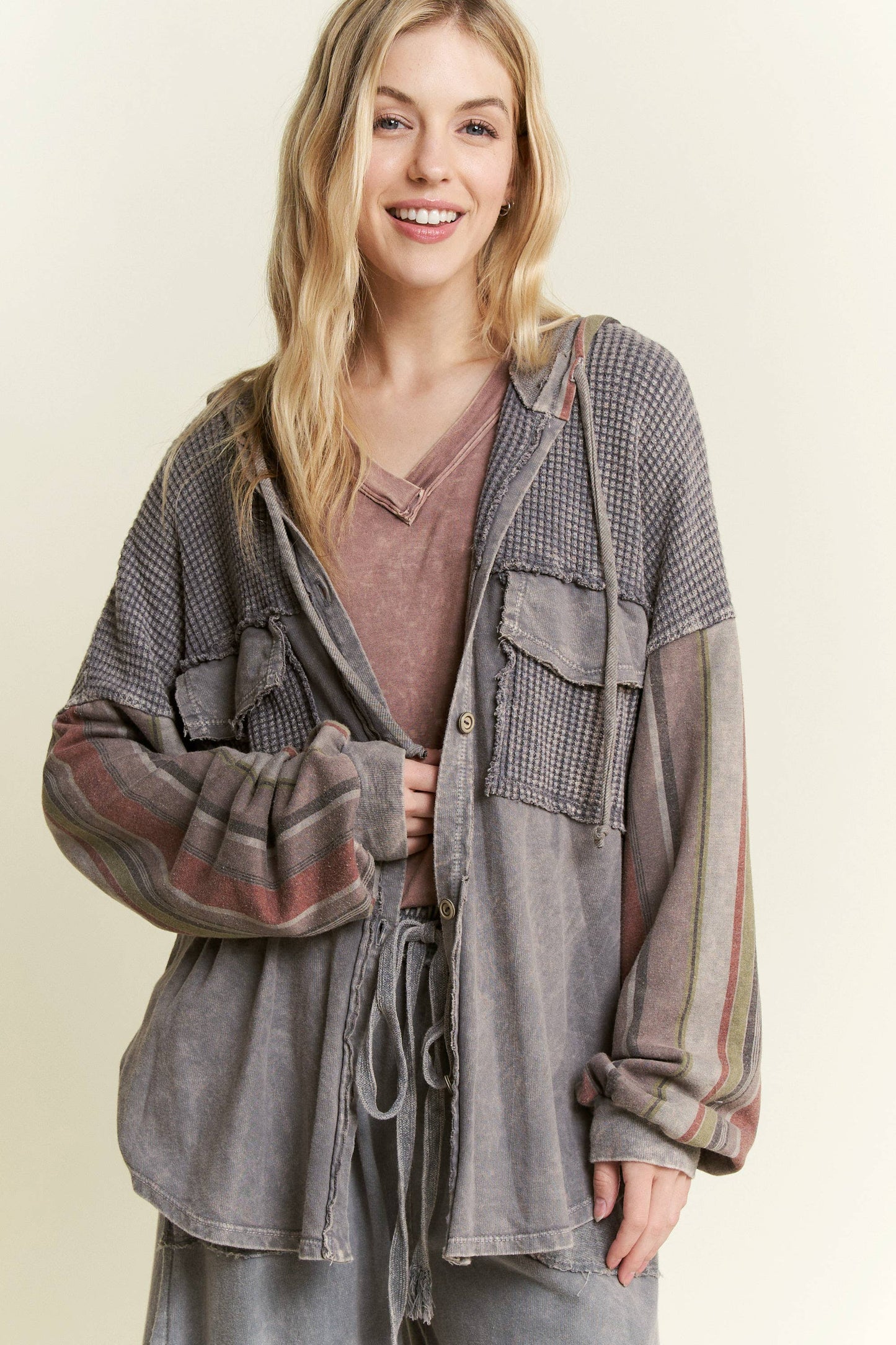 Striped Hoodie Sleeves Fall Shacket