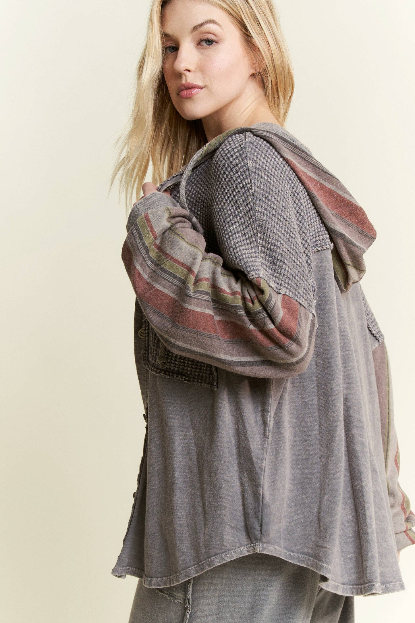 Striped Hoodie Sleeves Fall Shacket