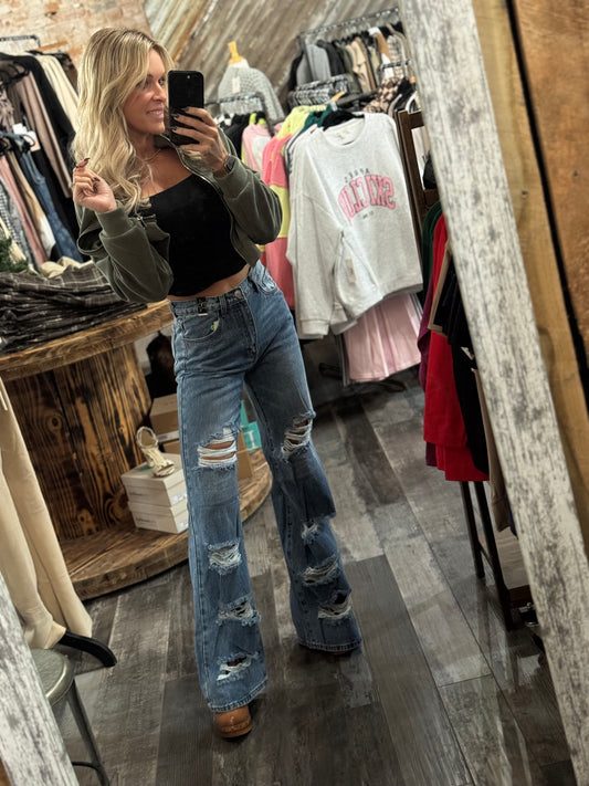 High Rise Distress Wide Leg