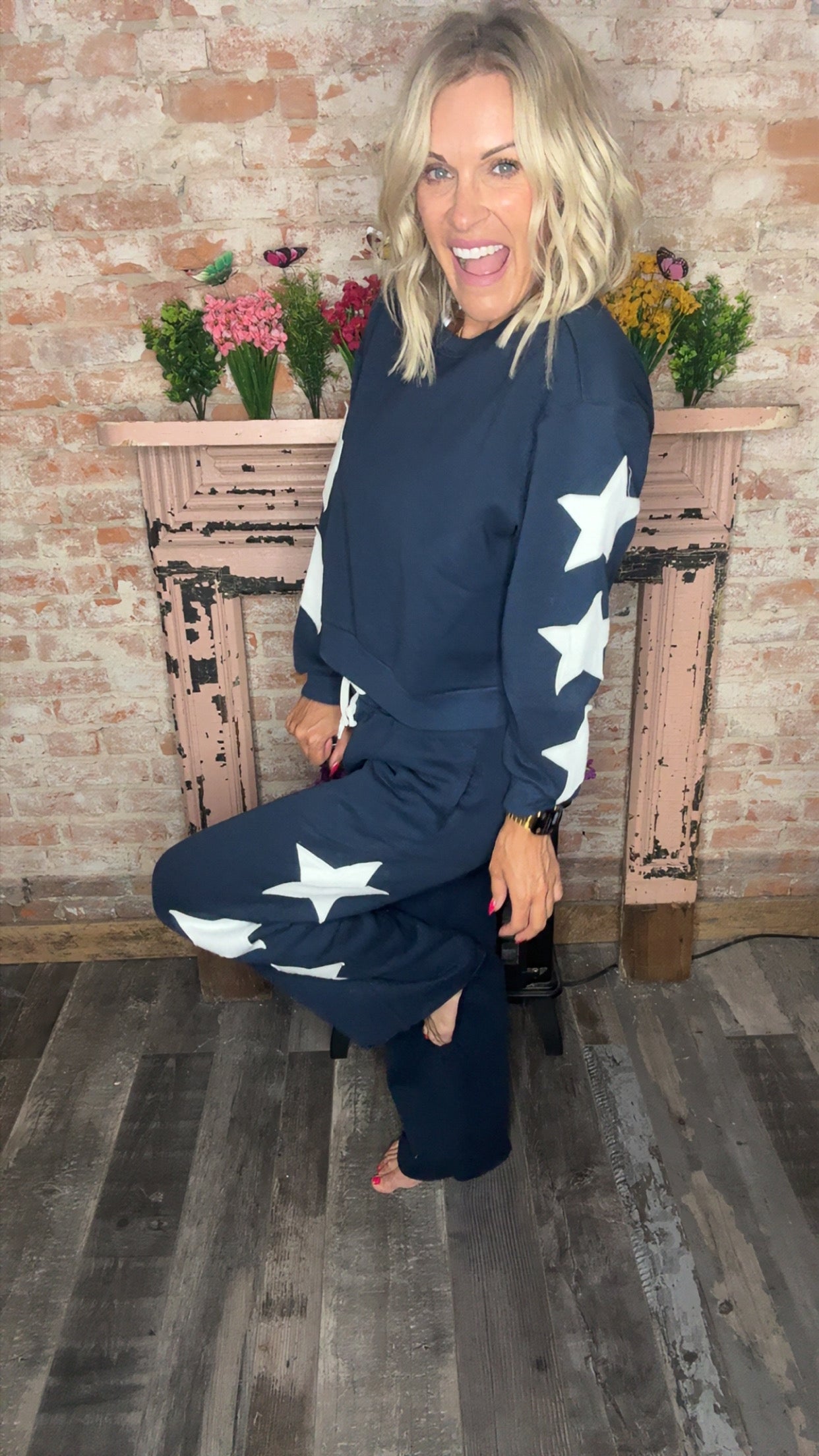 Navy Star Wide Leg Terry