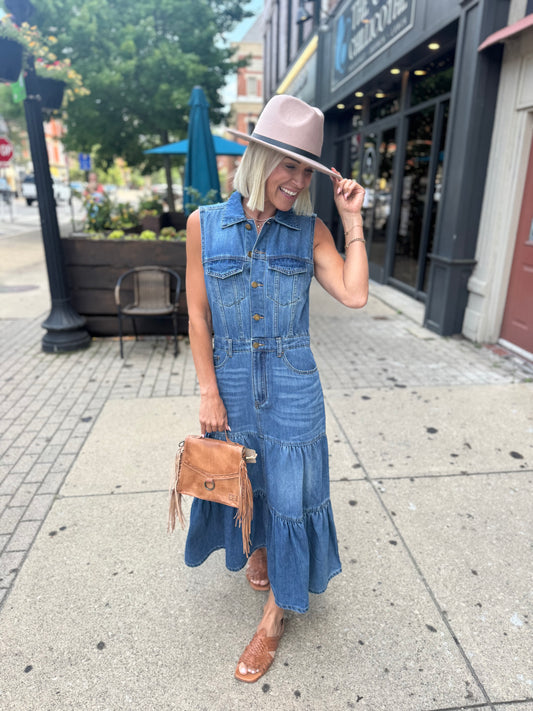 Sleeveless Ruffle Denim Maxi