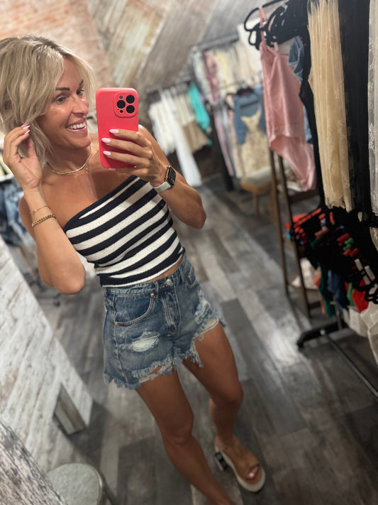 Navy Strapless Top